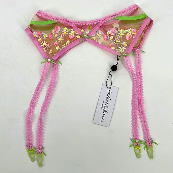 For Love and Lemons Tutti Fruiti Shimmer Pink Green Floral Garter Belt Small NWT - Picture 7 of 8